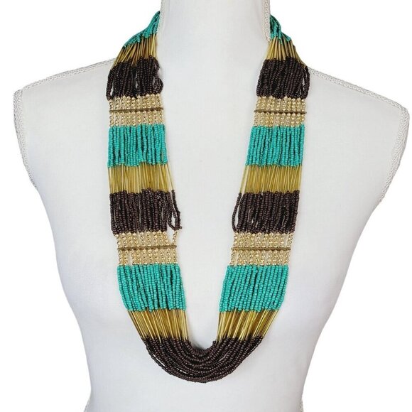 Multi Strand Tiered Seed Bead Necklace Bohemian Gypsy Style Brown Gold Turquoise - Picture 1 of 5